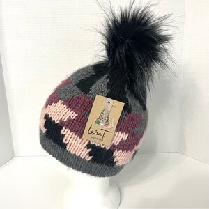 Luisa T. One Size Gray Pink Black Cable Knit Wool Blend Pom Pom Hat Beanie NEW
